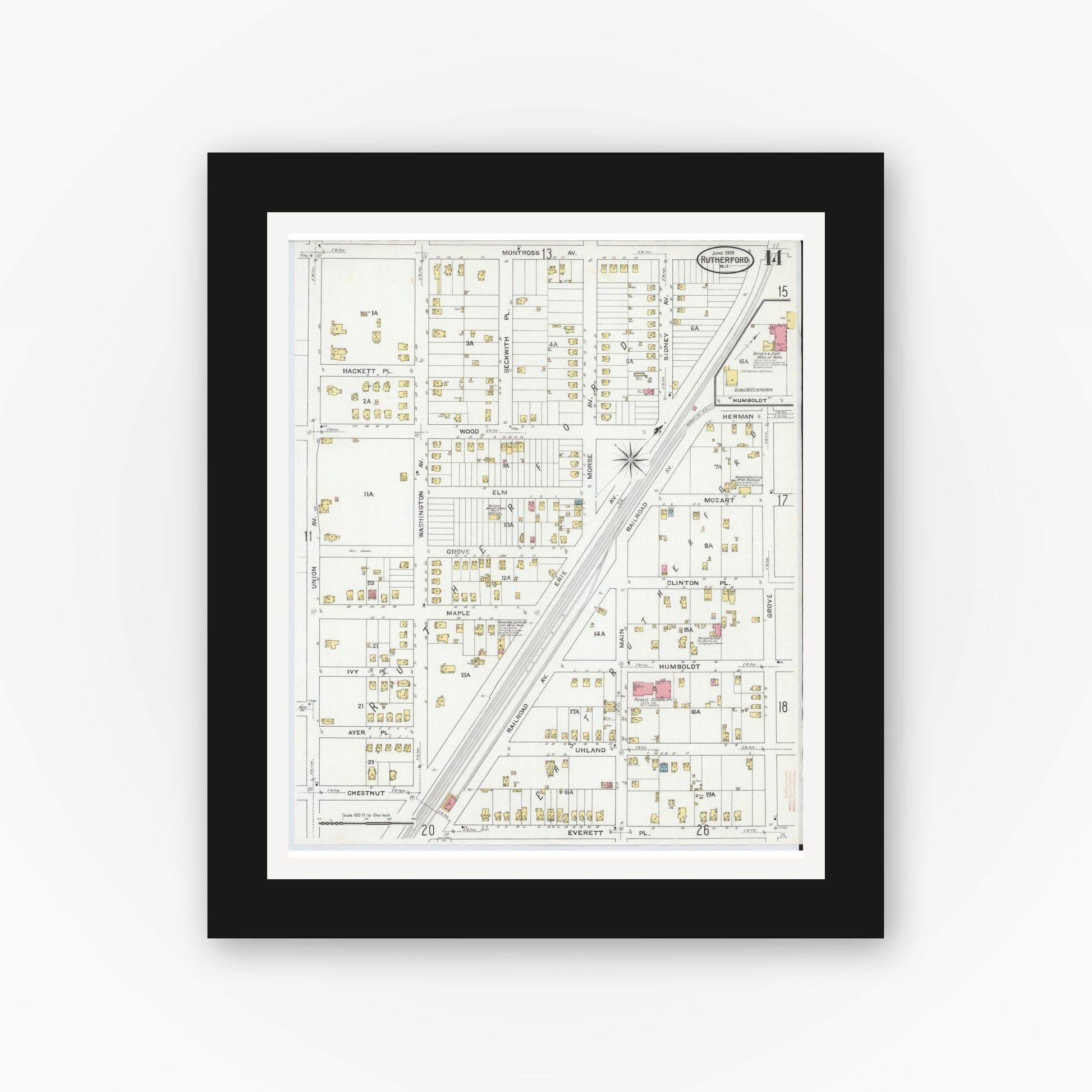 Old map wall art mockup — black gallery frame with white mat — Sanborn Fire Insurance Map from Rutherford, Bergen County, New Jersey (1909), Sheet #0014