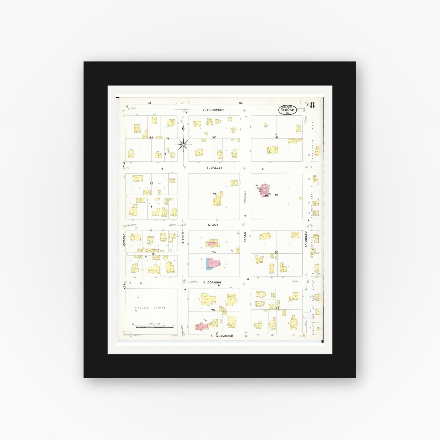 Old map wall art mockup — black gallery frame with white mat — Sanborn Fire Insurance Map from Red Oak, Montgomery County, Iowa (1908), Sheet #0008