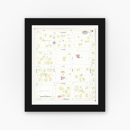 Old map wall art mockup — black gallery frame with white mat — Sanborn Fire Insurance Map from Red Oak, Montgomery County, Iowa (1908), Sheet #0008