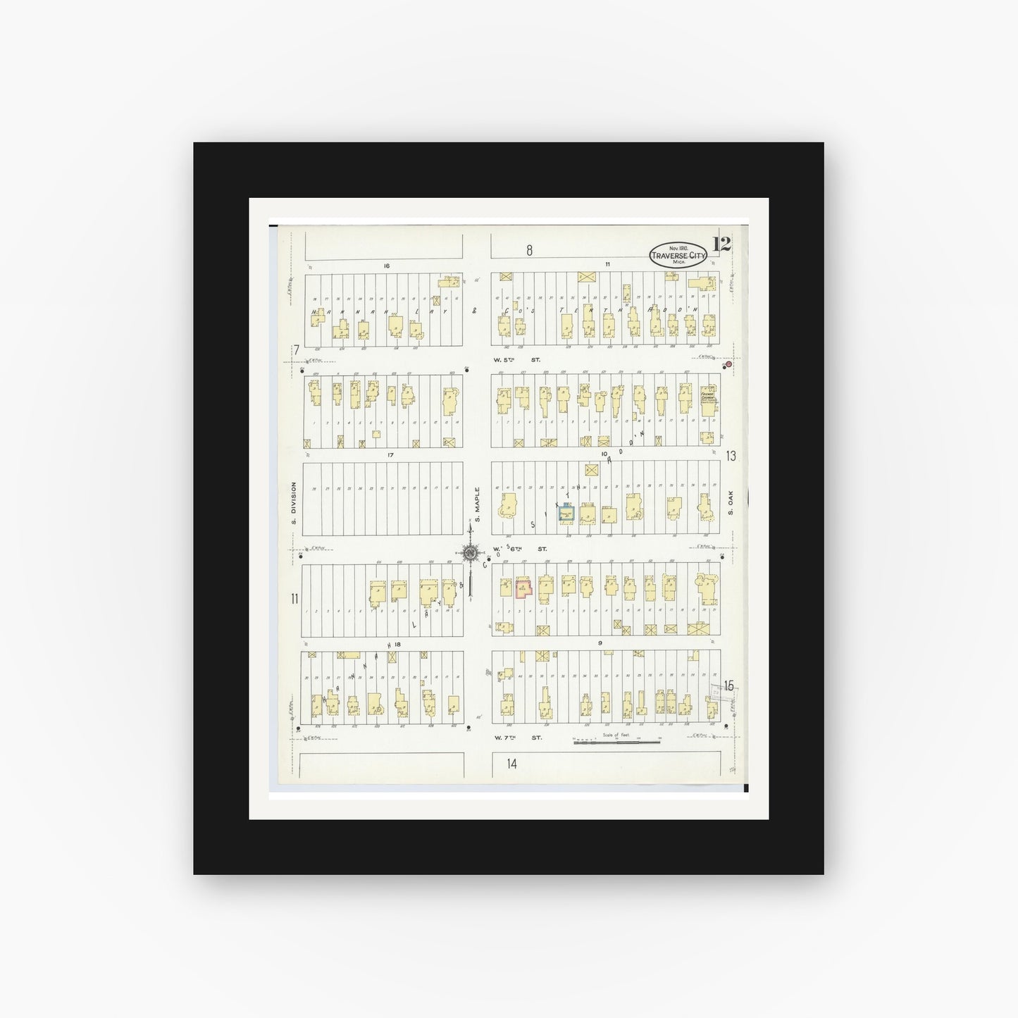 Old map wall art mockup — black gallery frame with white mat — Sanborn Fire Insurance Map from Traverse City, Grand Traverse County, Michigan (1910), Sheet #0012