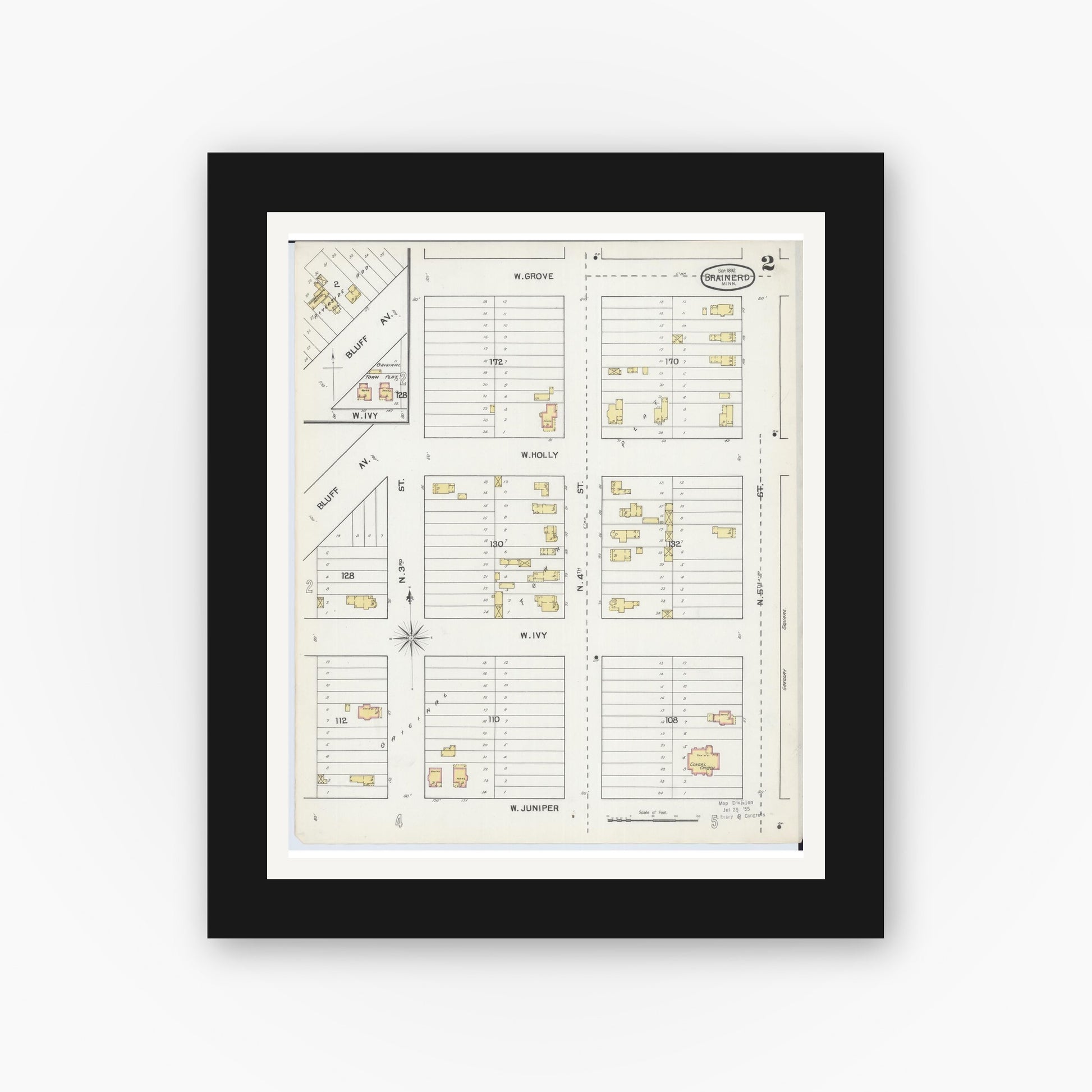 Old map wall art mockup — black gallery frame with white mat — Sanborn Fire Insurance Map from Brainerd, Crow Wing County, Minnesota (1892), Sheet #0002