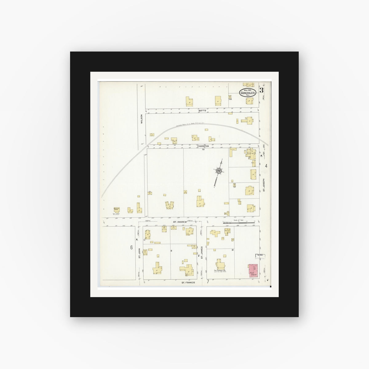 Old map wall art mockup — black gallery frame with white mat — Sanborn Fire Insurance Map from Gonzales, Gonzales County, Texas (1912), Sheet #0003