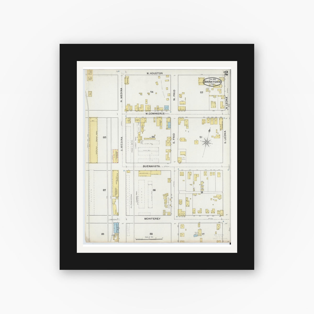 Old map wall art mockup — black gallery frame with white mat — Sanborn Fire Insurance Map from San Antonio, Bexar County, Texas (1892), Sheet #0002