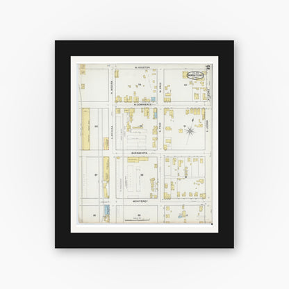 Old map wall art mockup — black gallery frame with white mat — Sanborn Fire Insurance Map from San Antonio, Bexar County, Texas (1892), Sheet #0002