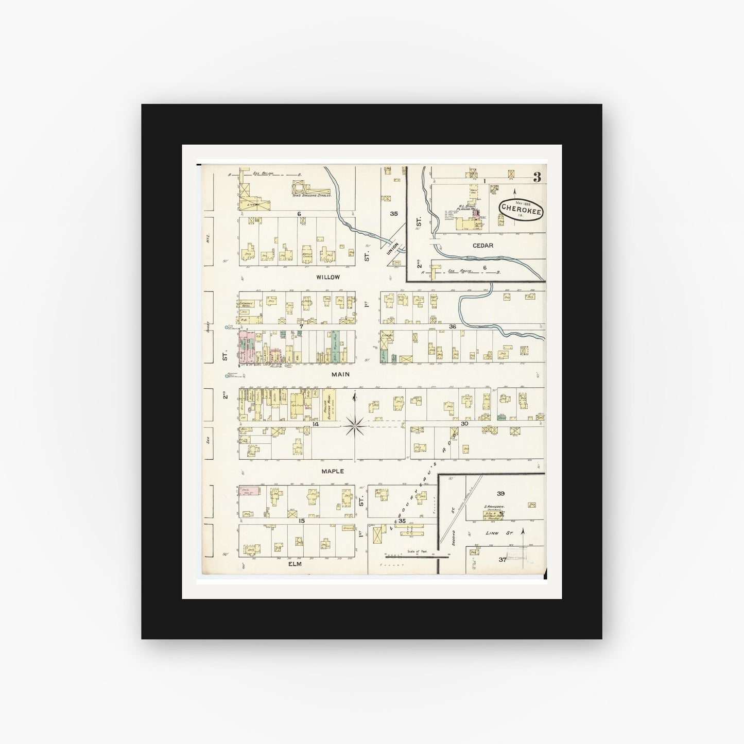 Old map wall art mockup — black gallery frame with white mat — Sanborn Fire Insurance Map from Cherokee, Cherokee County, Iowa (1888), Sheet #0003