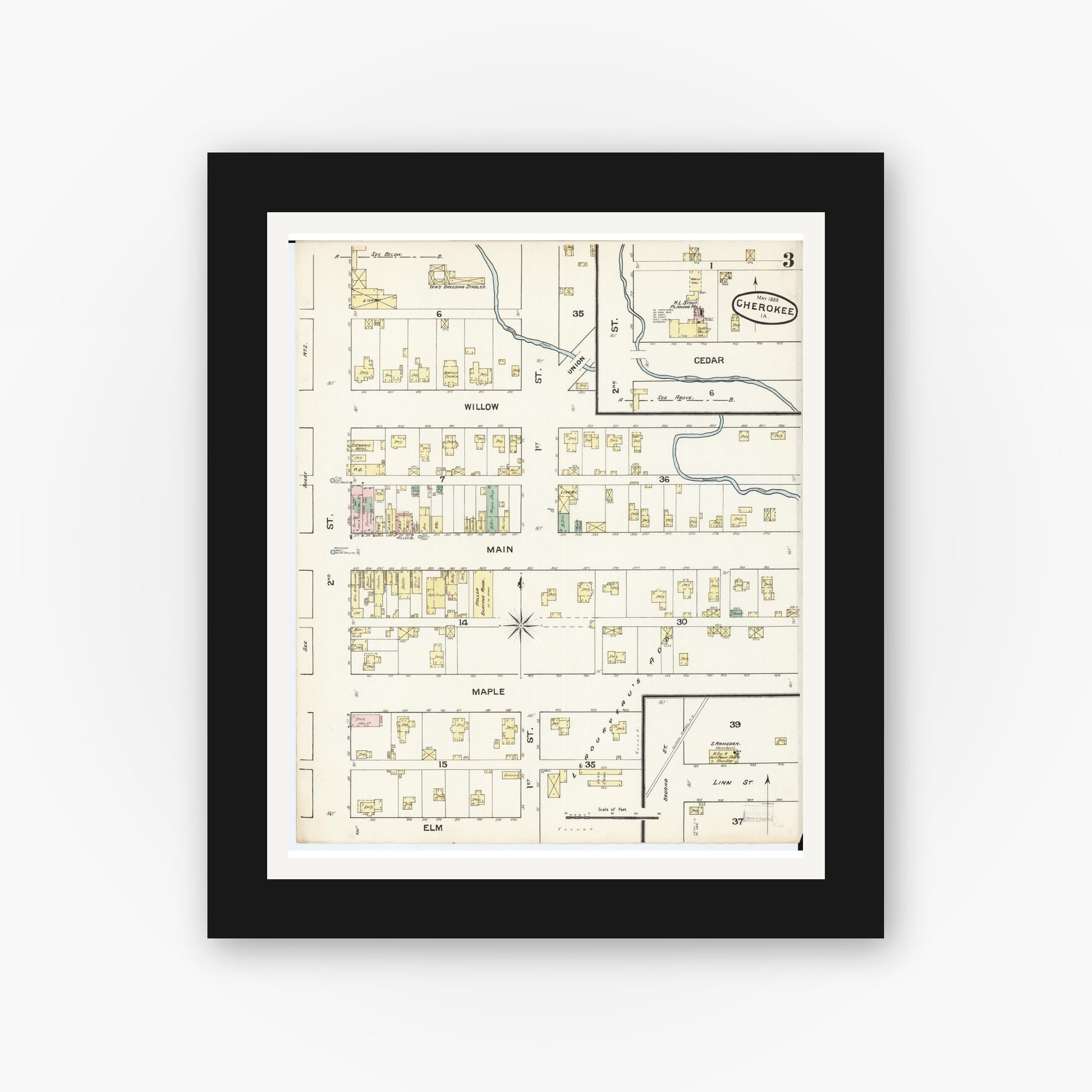 Old map wall art mockup — black gallery frame with white mat — Sanborn Fire Insurance Map from Cherokee, Cherokee County, Iowa (1888), Sheet #0003