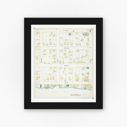 Old map wall art mockup — black gallery frame with white mat — Sanborn Fire Insurance Map from Algonac, Saint Clair County, Michigan (1907), Sheet #0003