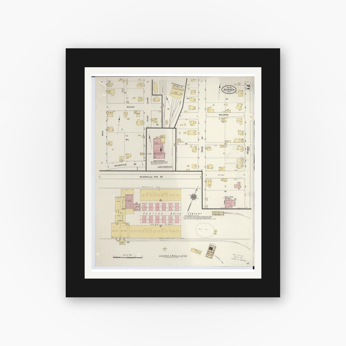 Old map wall art mockup — black gallery frame with white mat — Sanborn Fire Insurance Map from Hamden, Vinton County, Ohio (1911), Sheet #0002