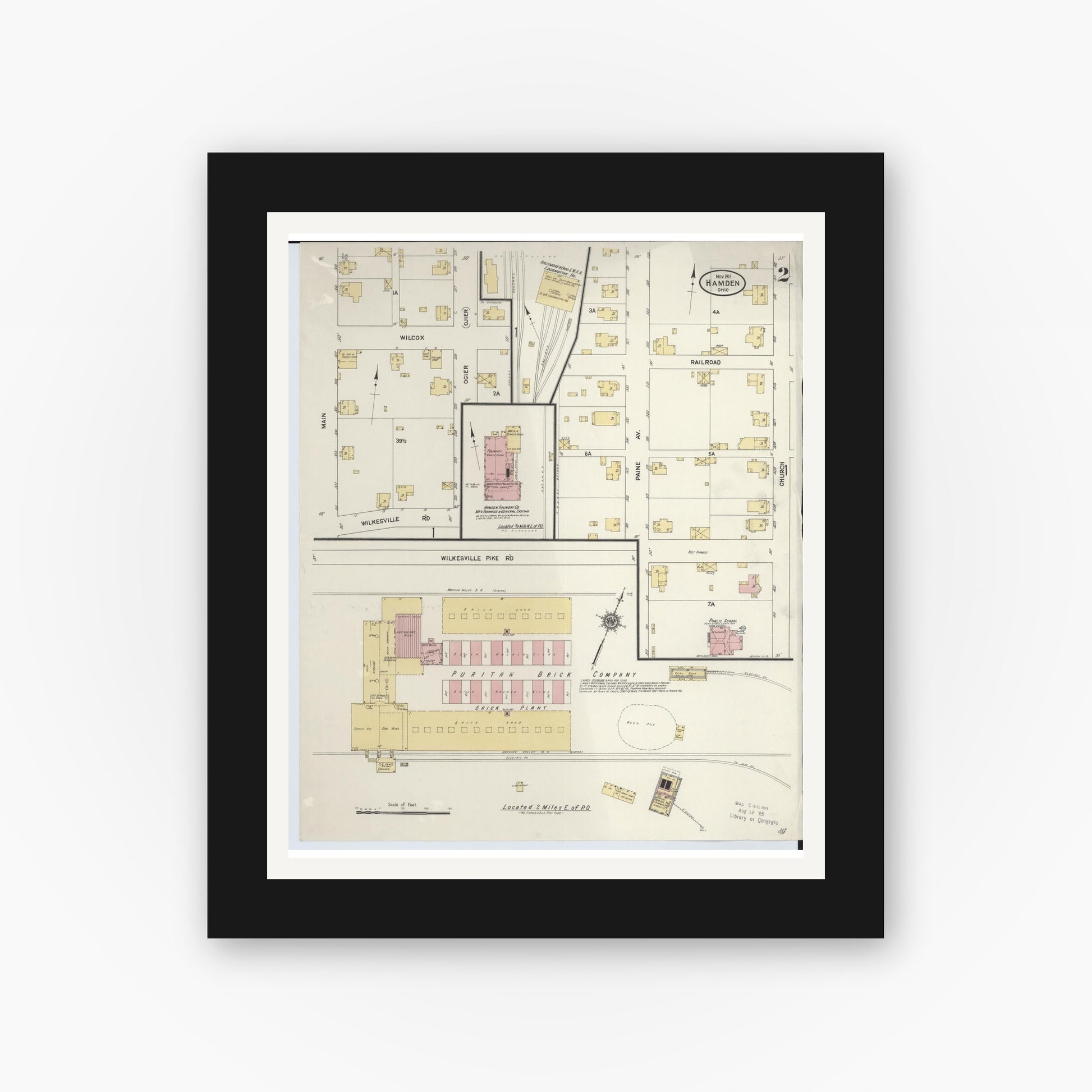 Old map wall art mockup — black gallery frame with white mat — Sanborn Fire Insurance Map from Hamden, Vinton County, Ohio (1911), Sheet #0002