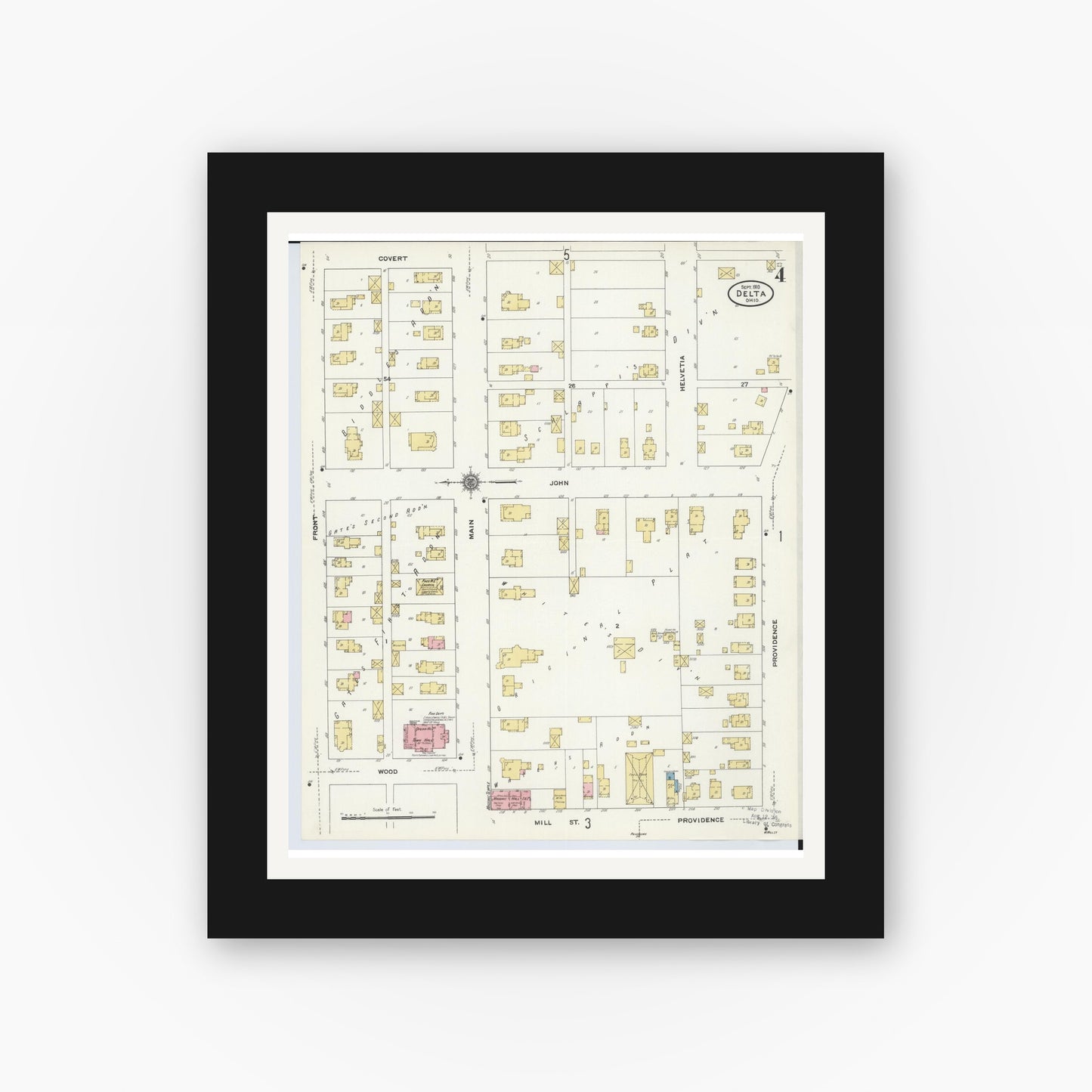 Old map wall art mockup — black gallery frame with white mat — Sanborn Fire Insurance Map from Delta, Fulton County, Ohio (1905), Sheet #0008