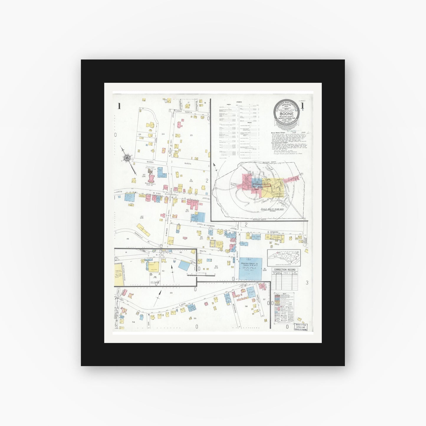 Old map wall art mockup — black gallery frame with white mat — Sanborn Fire Insurance Map from Boone, Watauga County, North Carolina (1947) - Complete Map Set