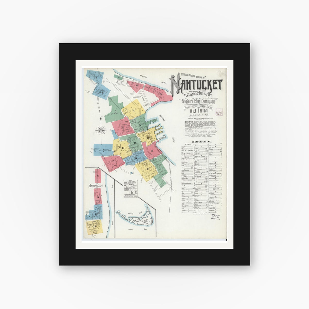 Old map wall art mockup — black gallery frame with white mat — Sanborn Fire Insurance Map from Nantucket, Nantucket County, Massachusetts (1904) - Complete Map Set