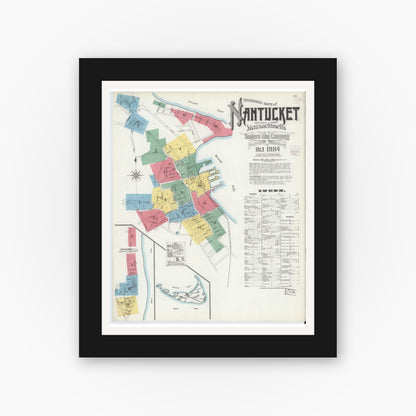 Old map wall art mockup — black gallery frame with white mat — Sanborn Fire Insurance Map from Nantucket, Nantucket County, Massachusetts (1904) - Complete Map Set