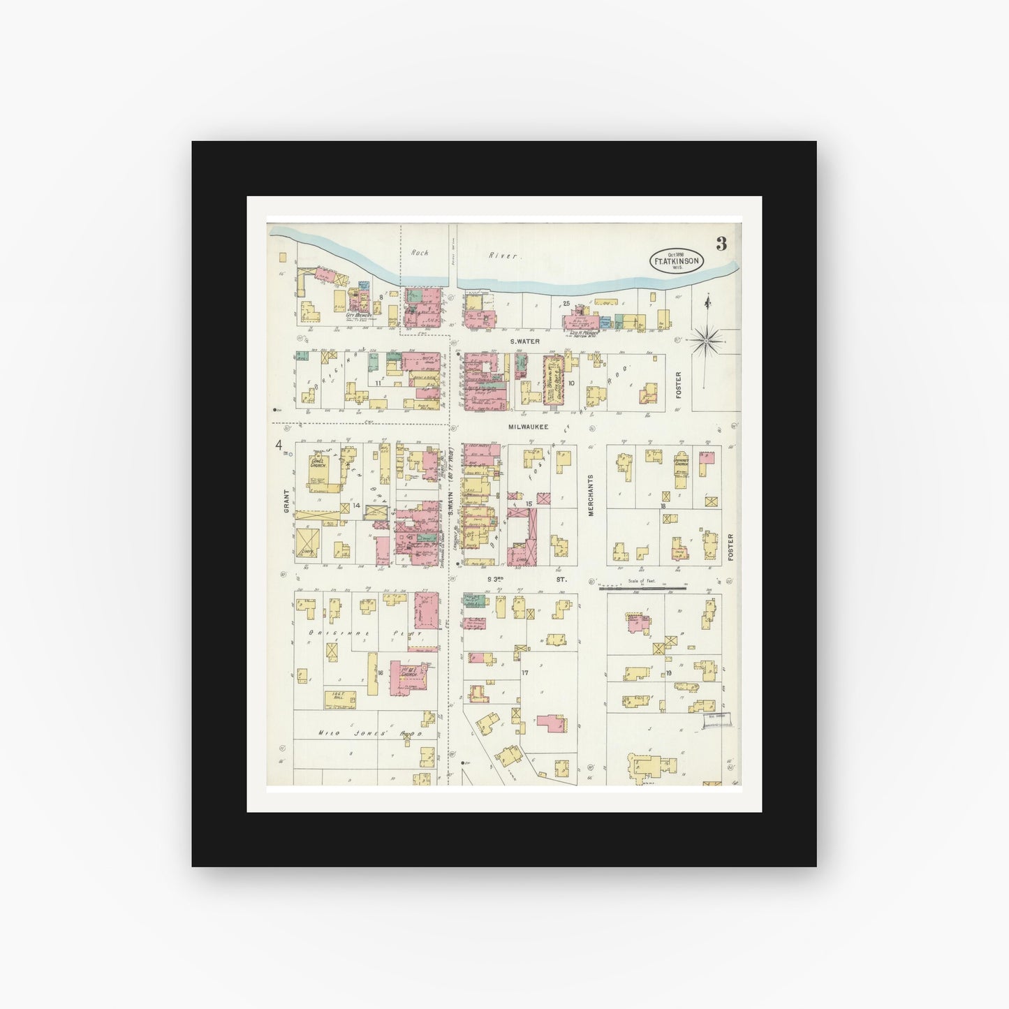 Old map wall art mockup — black gallery frame with white mat — Sanborn Fire Insurance Map from Fort Atkinson, Jefferson County, Wisconsin (1898), Sheet #0003