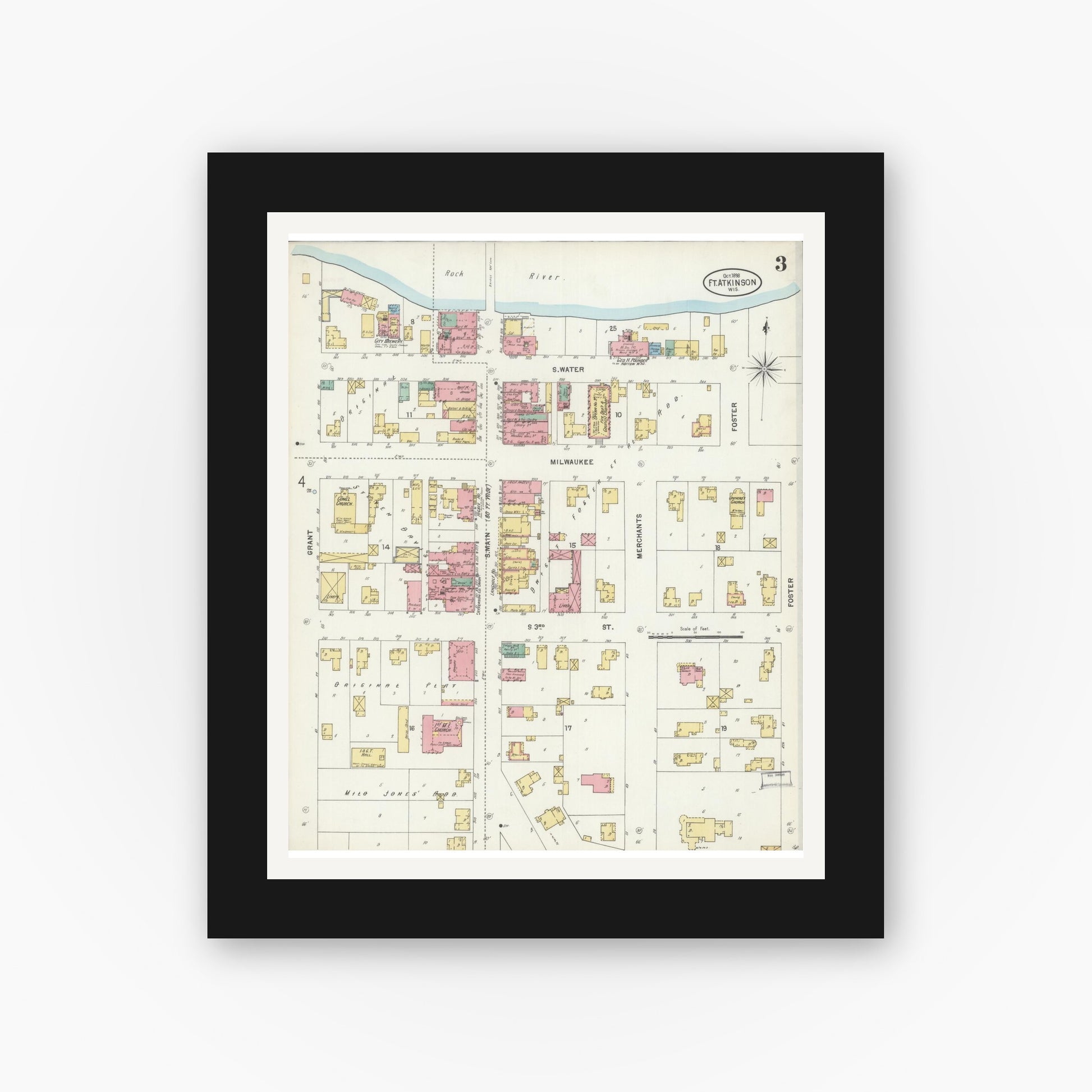 Old map wall art mockup — black gallery frame with white mat — Sanborn Fire Insurance Map from Fort Atkinson, Jefferson County, Wisconsin (1898), Sheet #0003