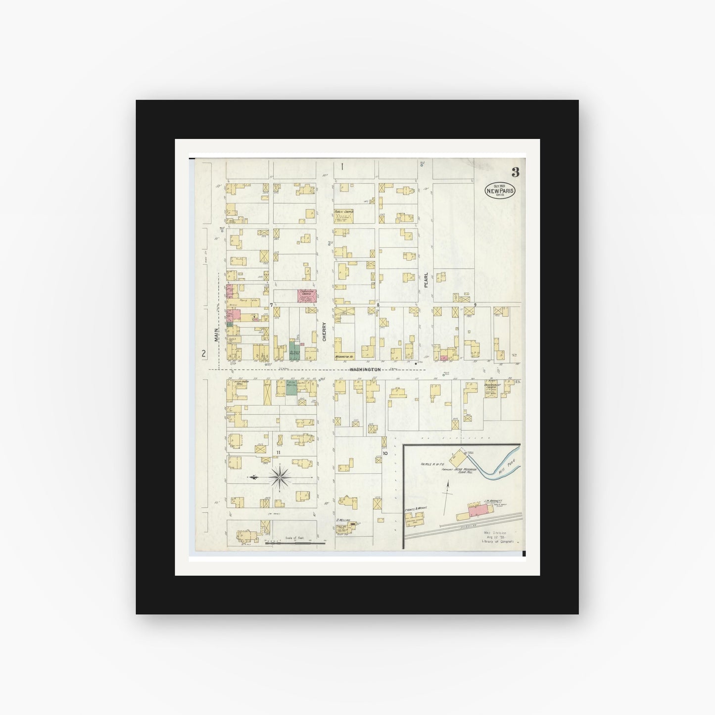 Old map wall art mockup — black gallery frame with white mat — Sanborn Fire Insurance Map from New Paris, Preble County, Ohio (1901), Sheet #0003