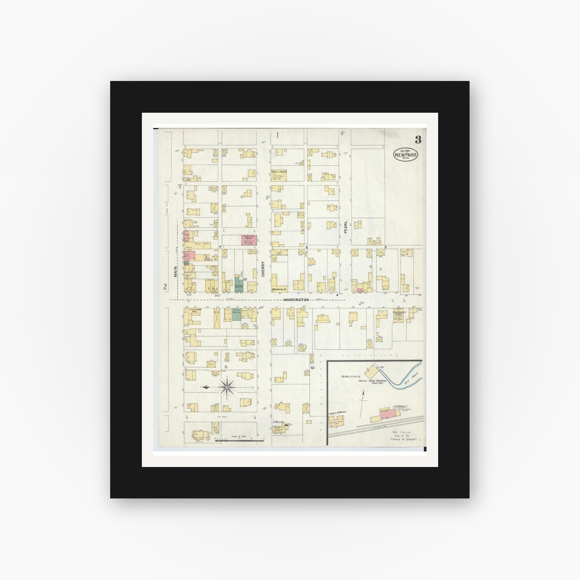 Old map wall art mockup — black gallery frame with white mat — Sanborn Fire Insurance Map from New Paris, Preble County, Ohio (1901), Sheet #0003