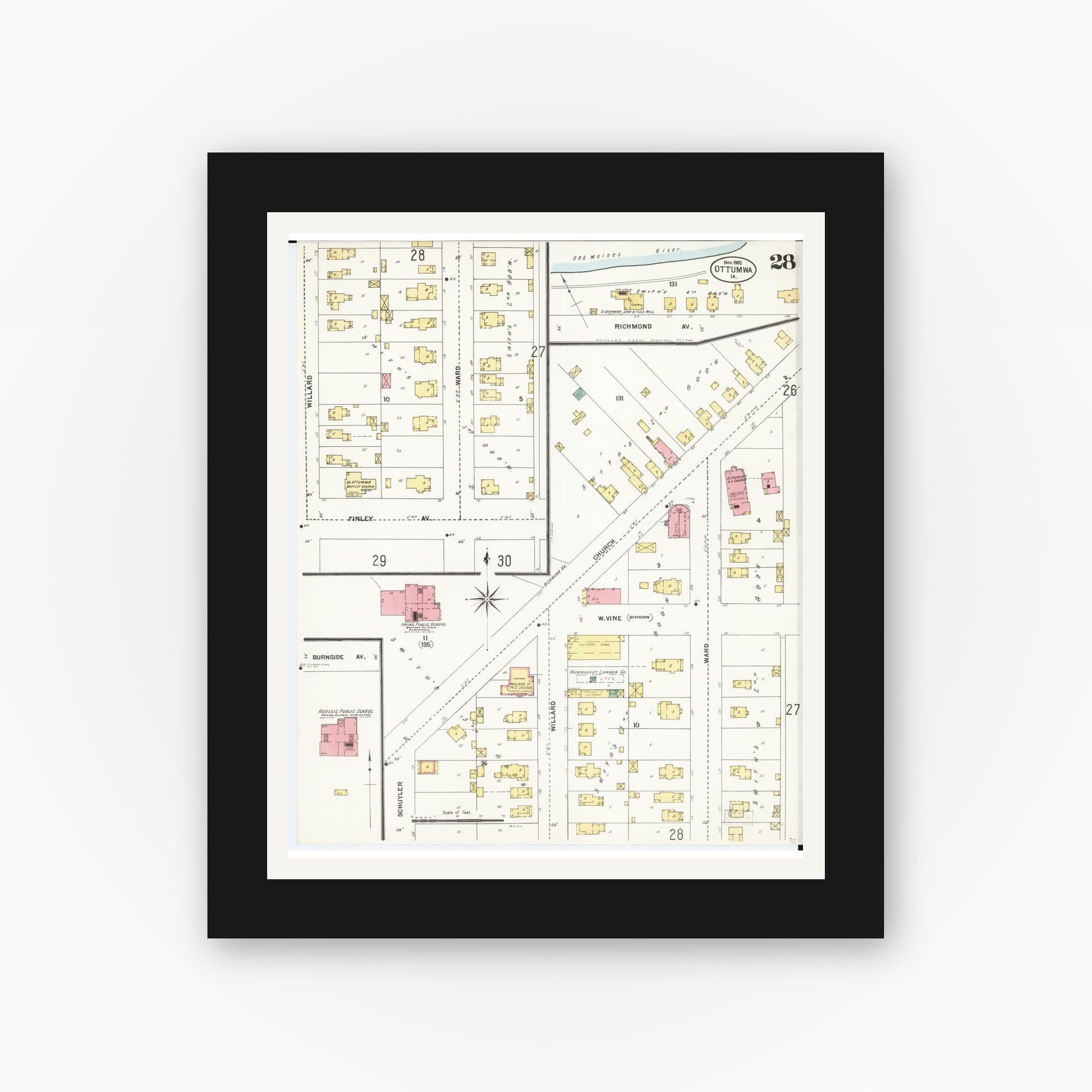 Old map wall art mockup — black gallery frame with white mat — Sanborn Fire Insurance Map from Ottumwa, Wapello County, Iowa (1902), Sheet #0028