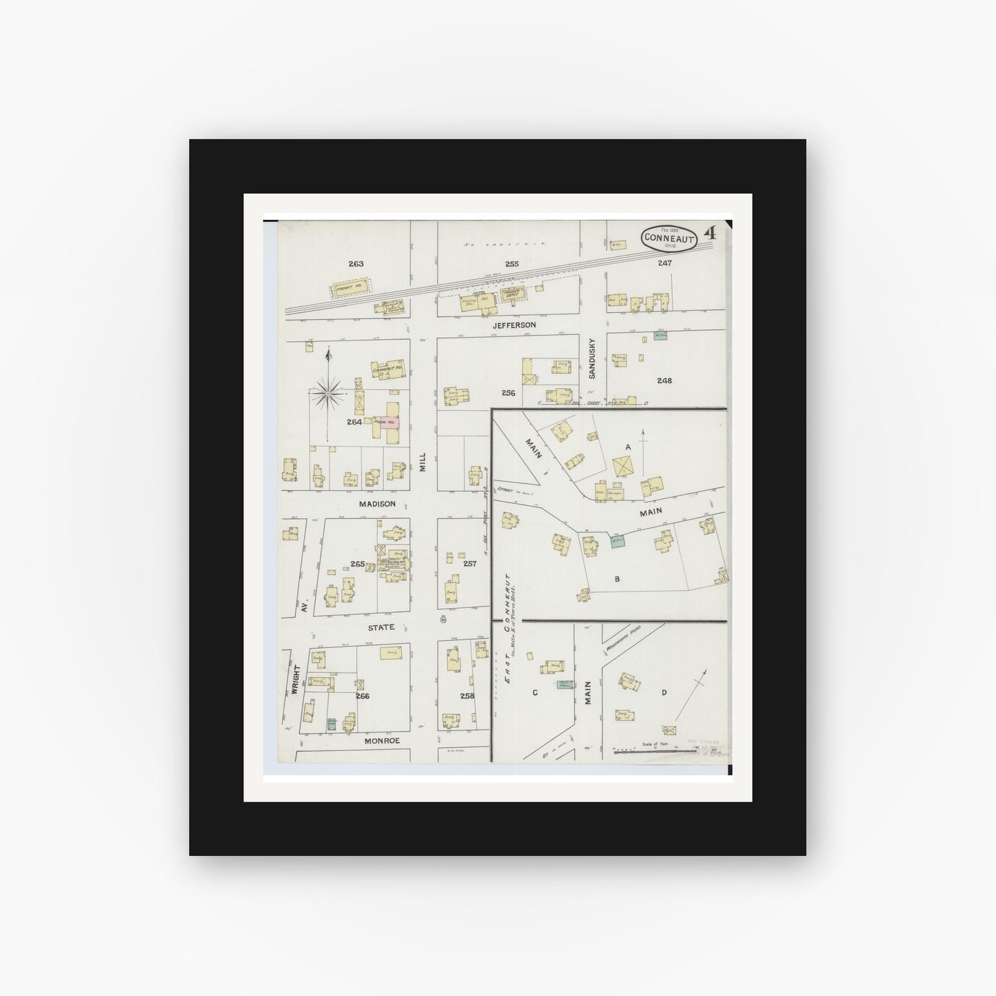 Old map wall art mockup — black gallery frame with white mat — Sanborn Fire Insurance Map from Conneaut, Ashtabula County, Ohio (1889), Sheet #0004