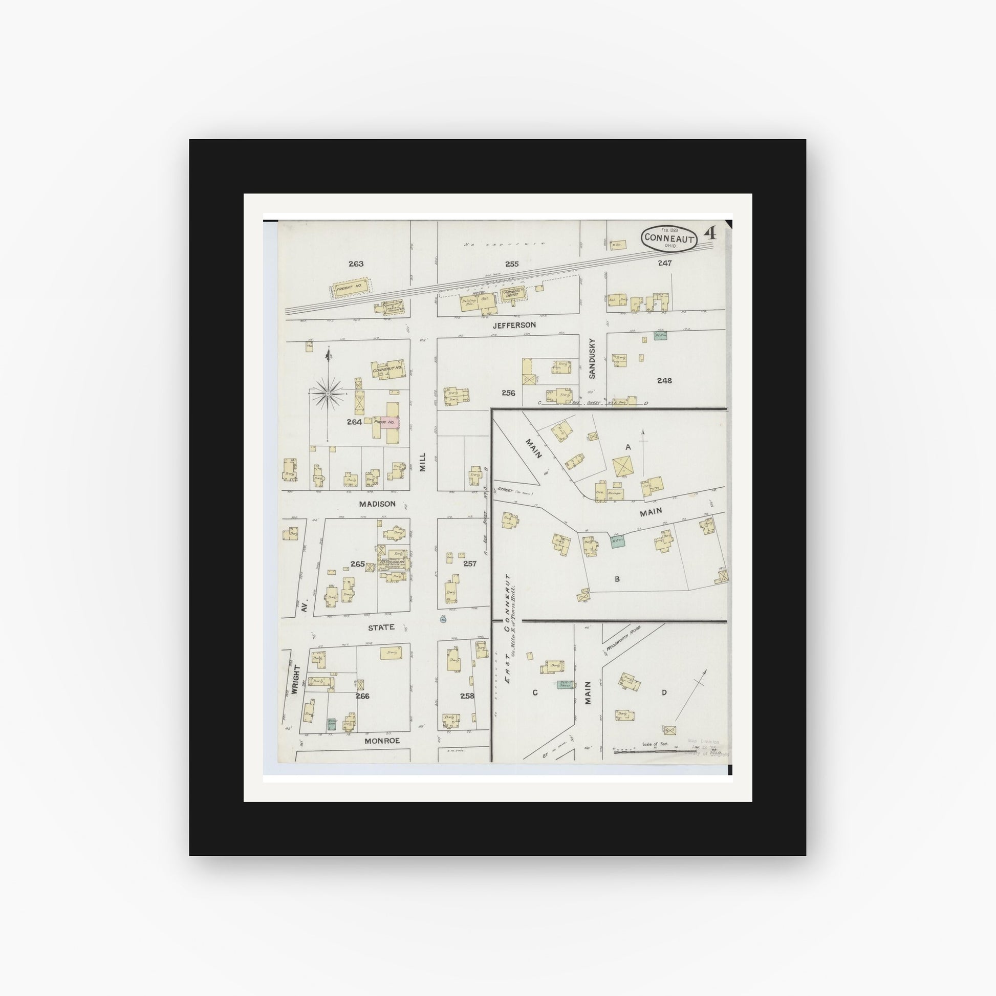 Old map wall art mockup — black gallery frame with white mat — Sanborn Fire Insurance Map from Conneaut, Ashtabula County, Ohio (1889), Sheet #0004