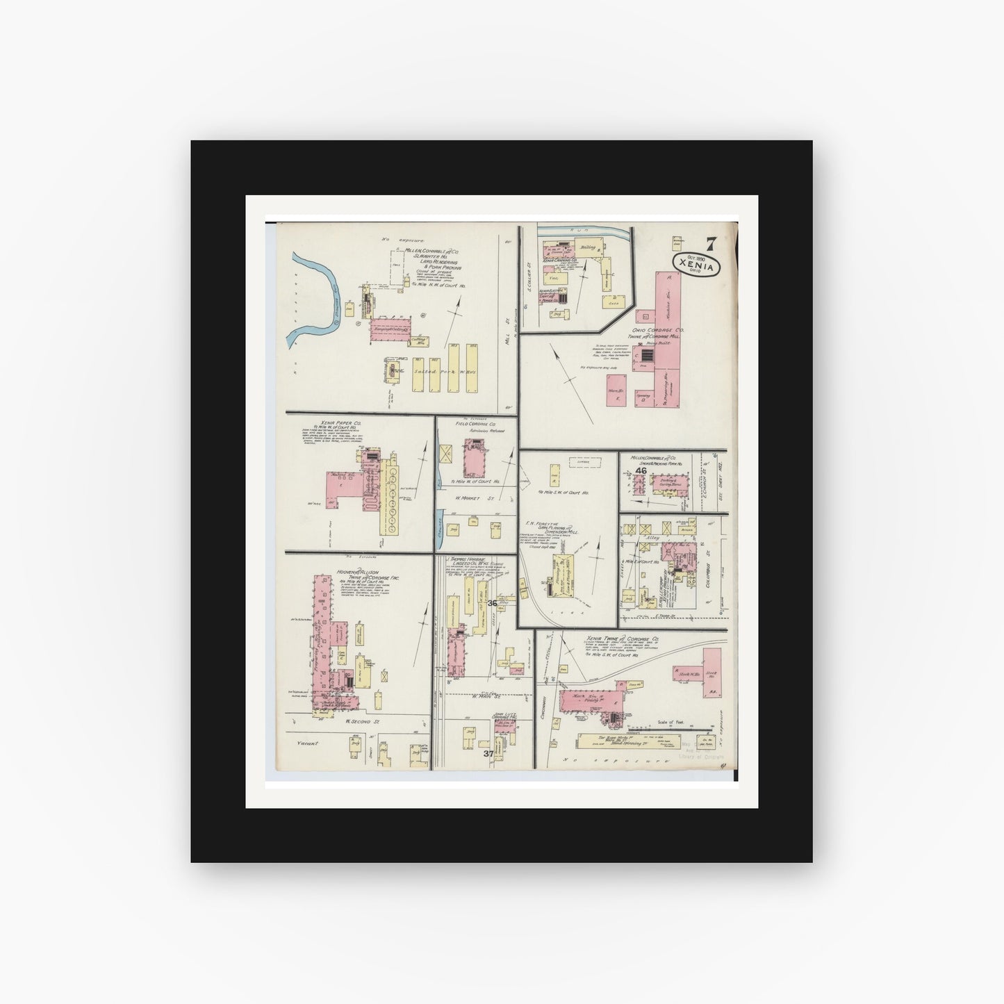 Old map wall art mockup — black gallery frame with white mat — Sanborn Fire Insurance Map from Xenia, Greene County, Ohio (1890), Sheet #0007