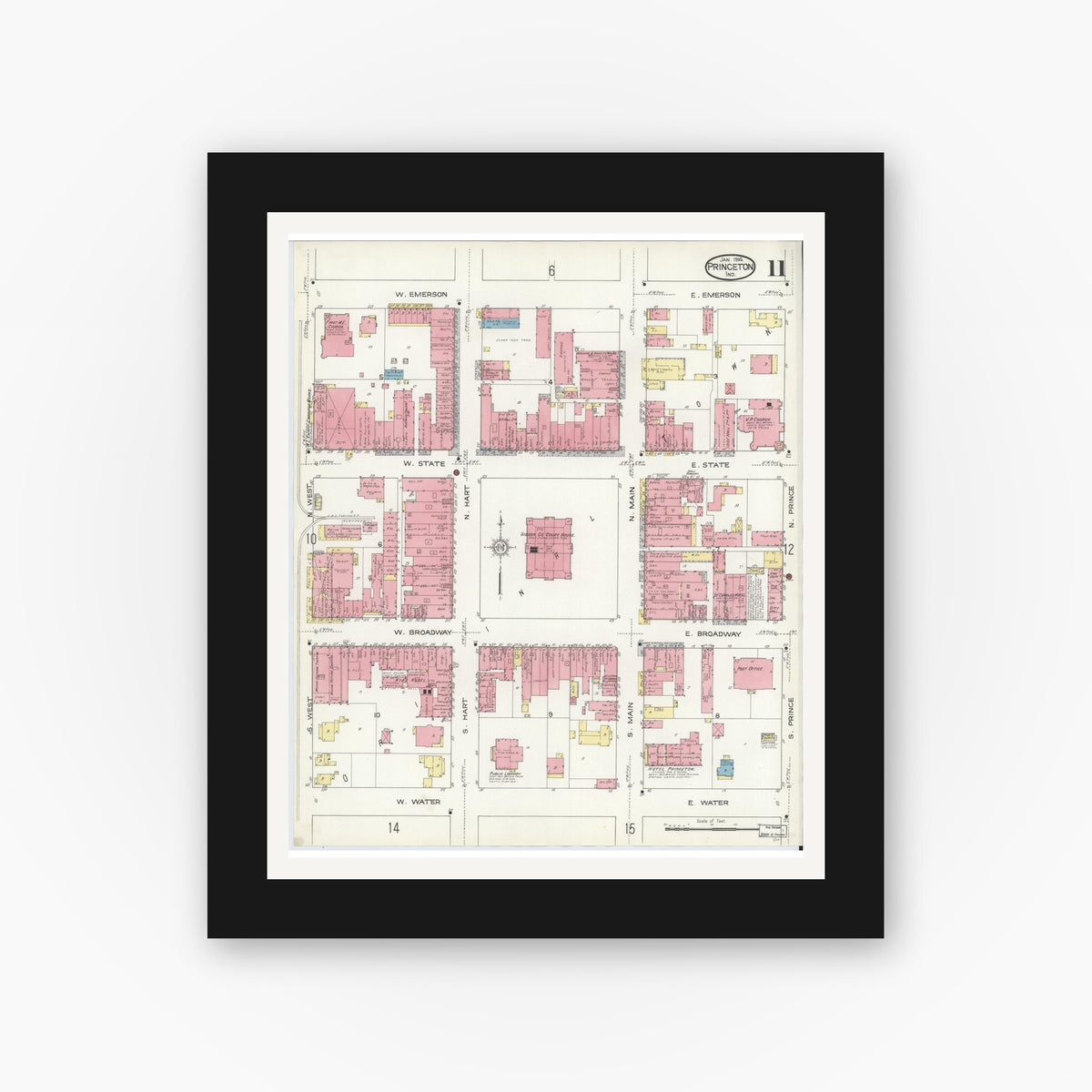 Old map wall art mockup — black gallery frame with white mat — Sanborn Fire Insurance Map from Princeton, Gibson County, Indiana (1914), Sheet #0011