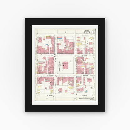 Old map wall art mockup — black gallery frame with white mat — Sanborn Fire Insurance Map from Princeton, Gibson County, Indiana (1914), Sheet #0011