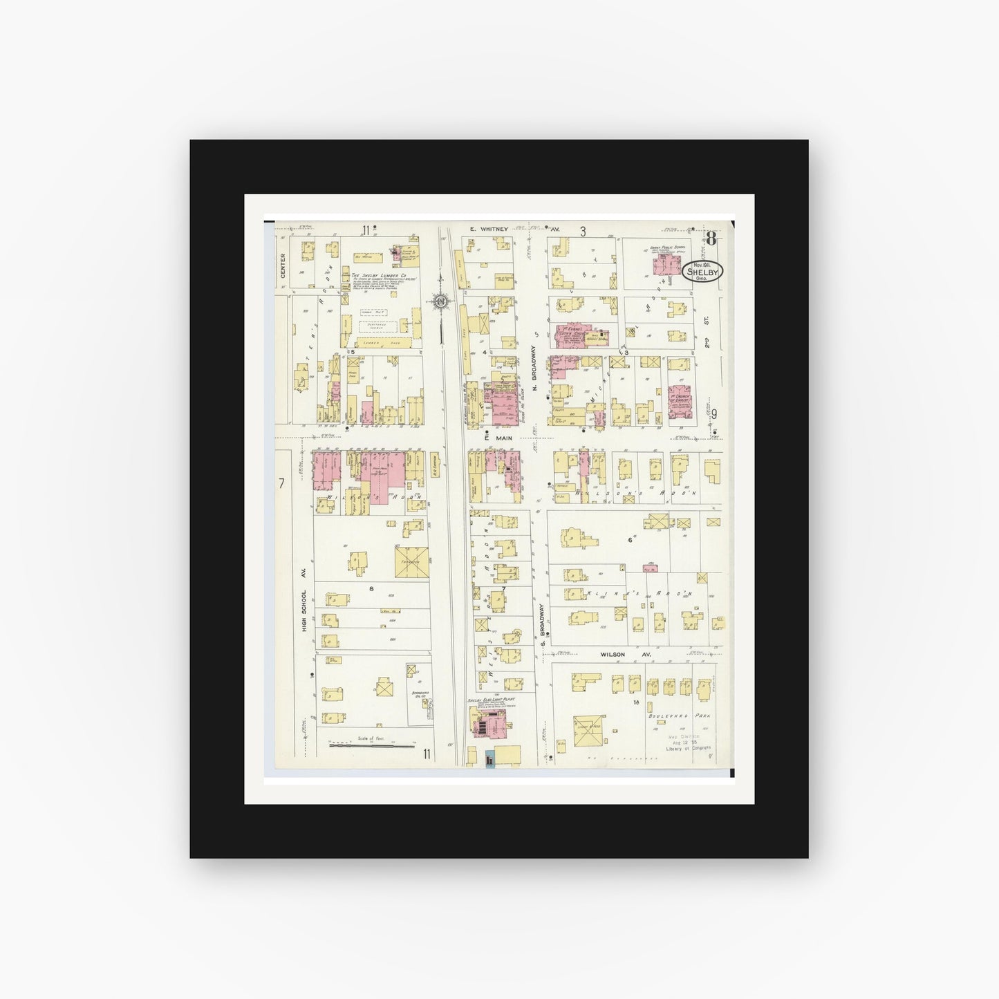Old map wall art mockup — black gallery frame with white mat — Sanborn Fire Insurance Map from Shelby, Richland County, Ohio (1911), Sheet #0008