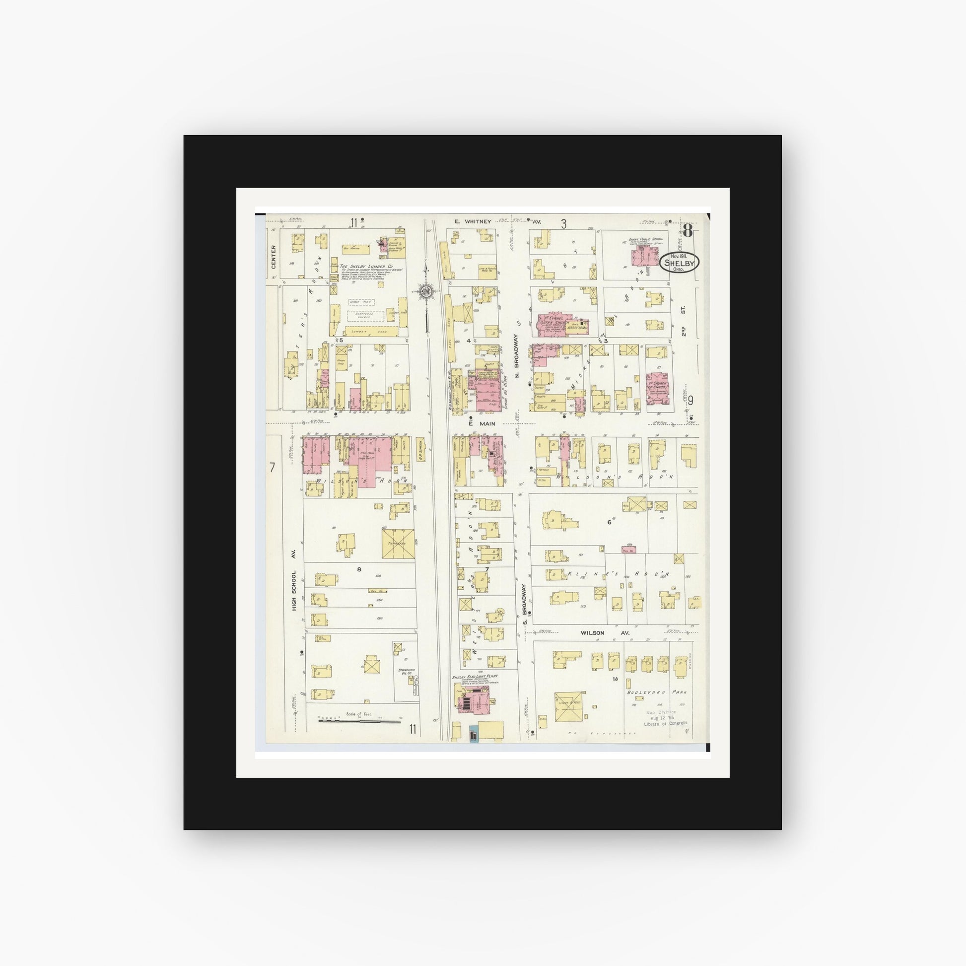Old map wall art mockup — black gallery frame with white mat — Sanborn Fire Insurance Map from Shelby, Richland County, Ohio (1911), Sheet #0008