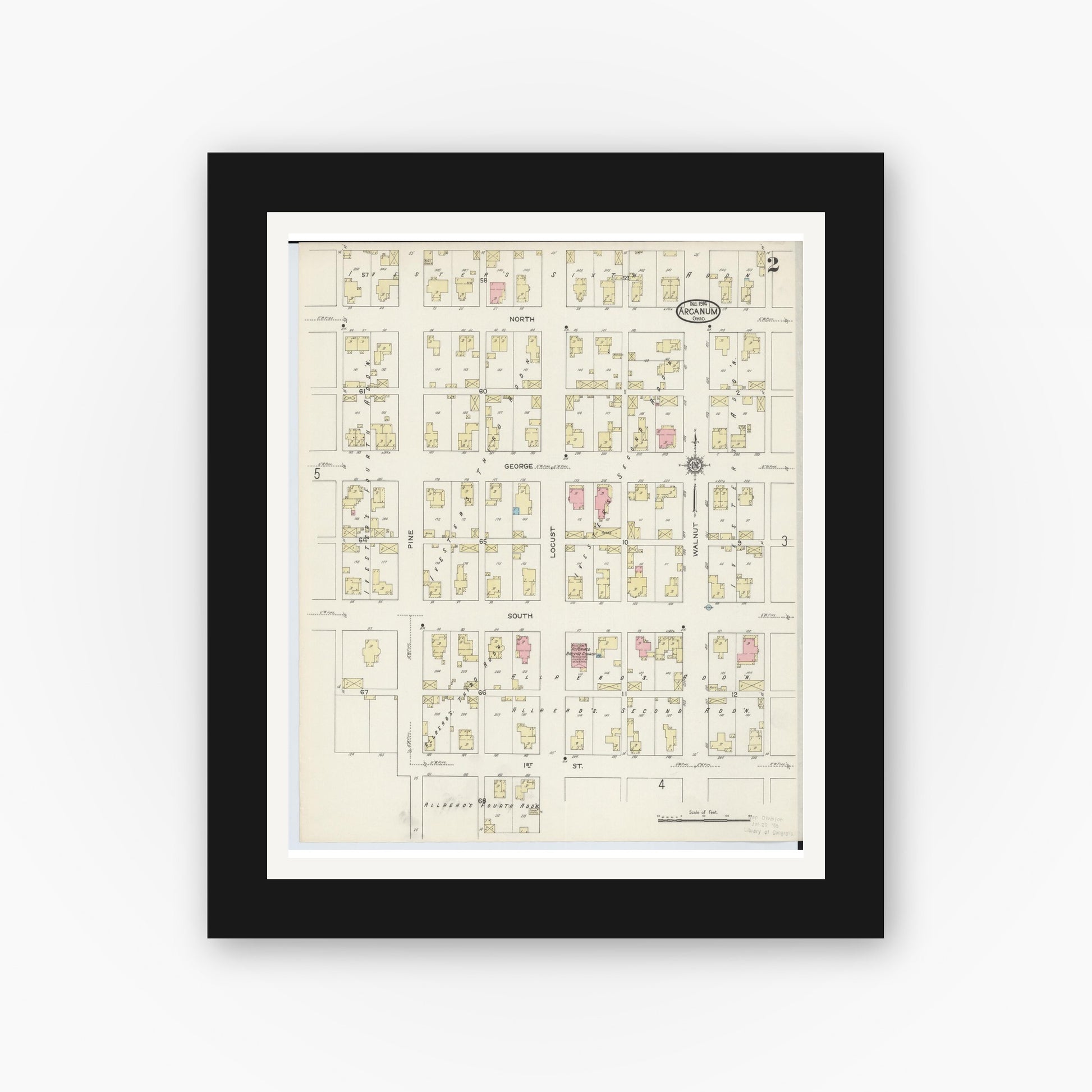 Old map wall art mockup — black gallery frame with white mat — Sanborn Fire Insurance Map from Arcanum, Darke County, Ohio (1914), Sheet #0002