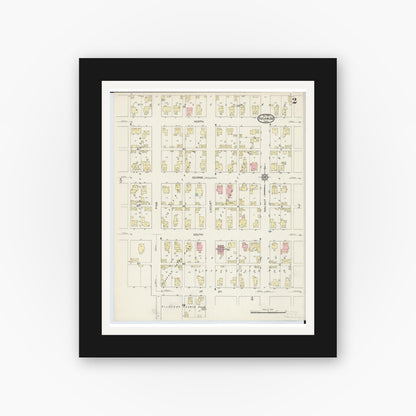 Old map wall art mockup — black gallery frame with white mat — Sanborn Fire Insurance Map from Arcanum, Darke County, Ohio (1914), Sheet #0002