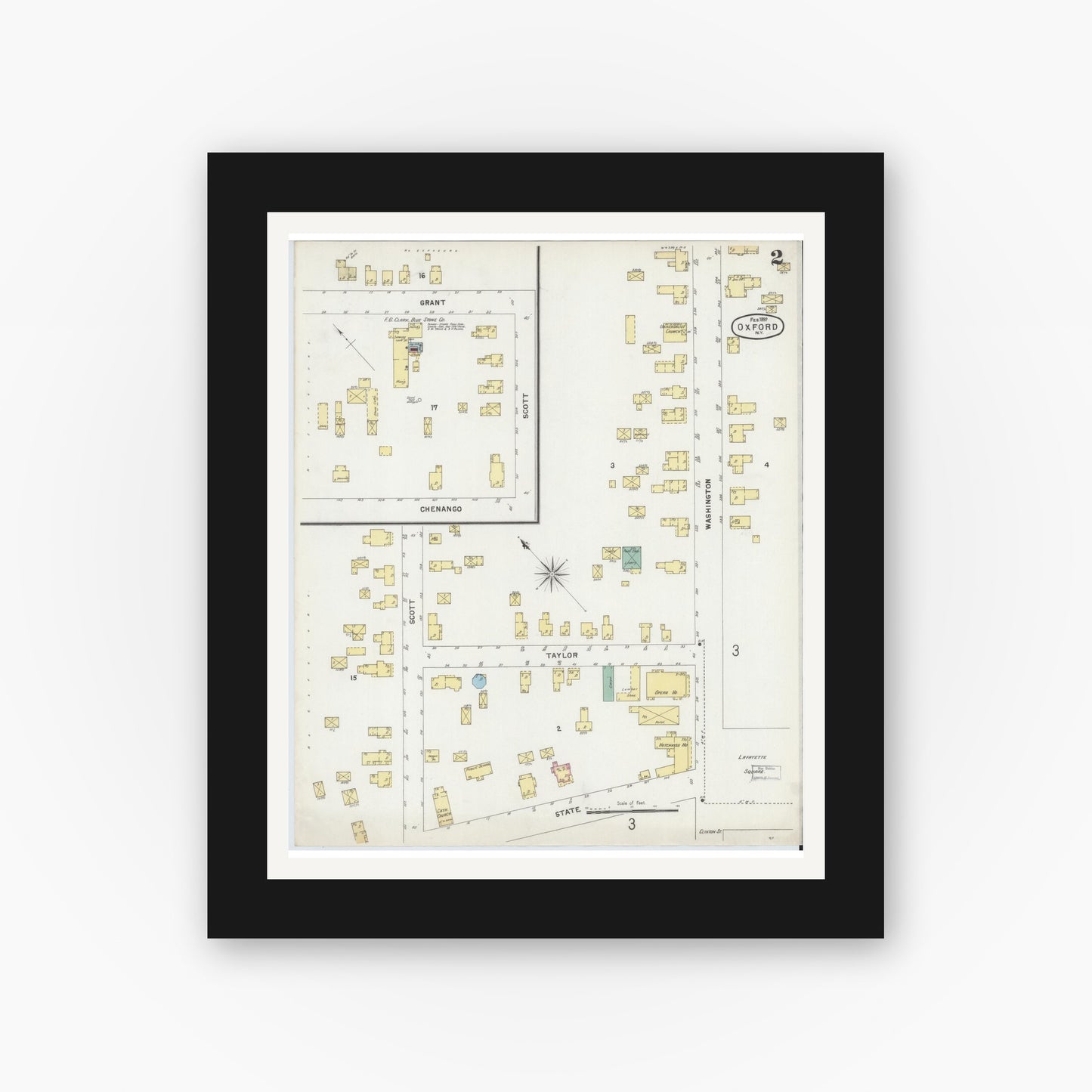 Old map wall art mockup — black gallery frame with white mat — Sanborn Fire Insurance Map from Oxford, Chenango County, New York (1897), Sheet #0002