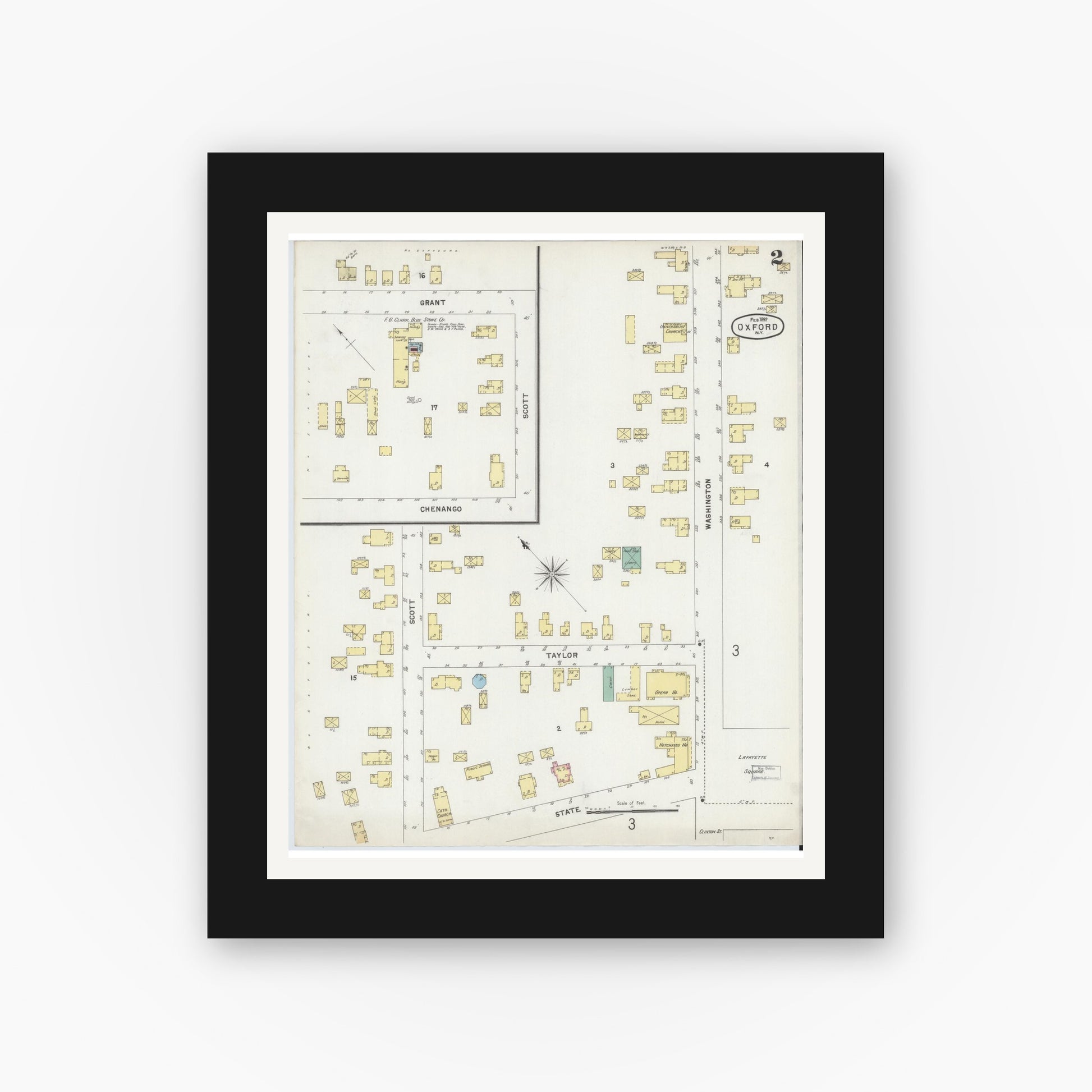 Old map wall art mockup — black gallery frame with white mat — Sanborn Fire Insurance Map from Oxford, Chenango County, New York (1897), Sheet #0002