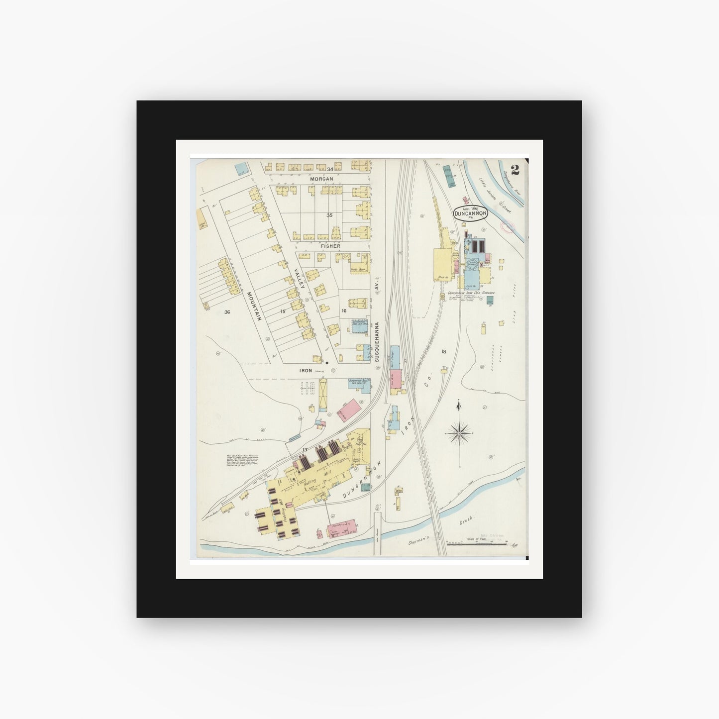 Old map wall art mockup — black gallery frame with white mat — Sanborn Fire Insurance Map from Duncannon, Perry County, Pennsylvania (1894), Sheet #0002