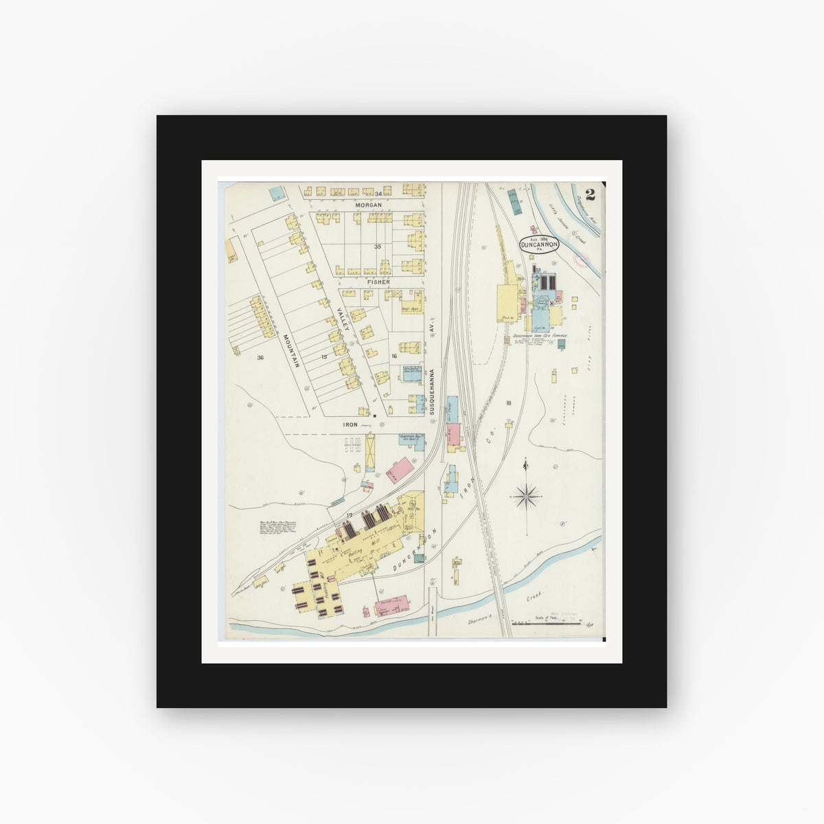 Old map wall art mockup — black gallery frame with white mat — Sanborn Fire Insurance Map from Duncannon, Perry County, Pennsylvania (1894), Sheet #0002