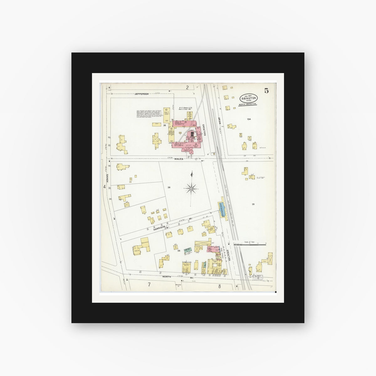 Old map wall art mockup — black gallery frame with white mat — Sanborn Fire Insurance Map from Abington, Plymouth County, Massachusetts (1907), Sheet #0005
