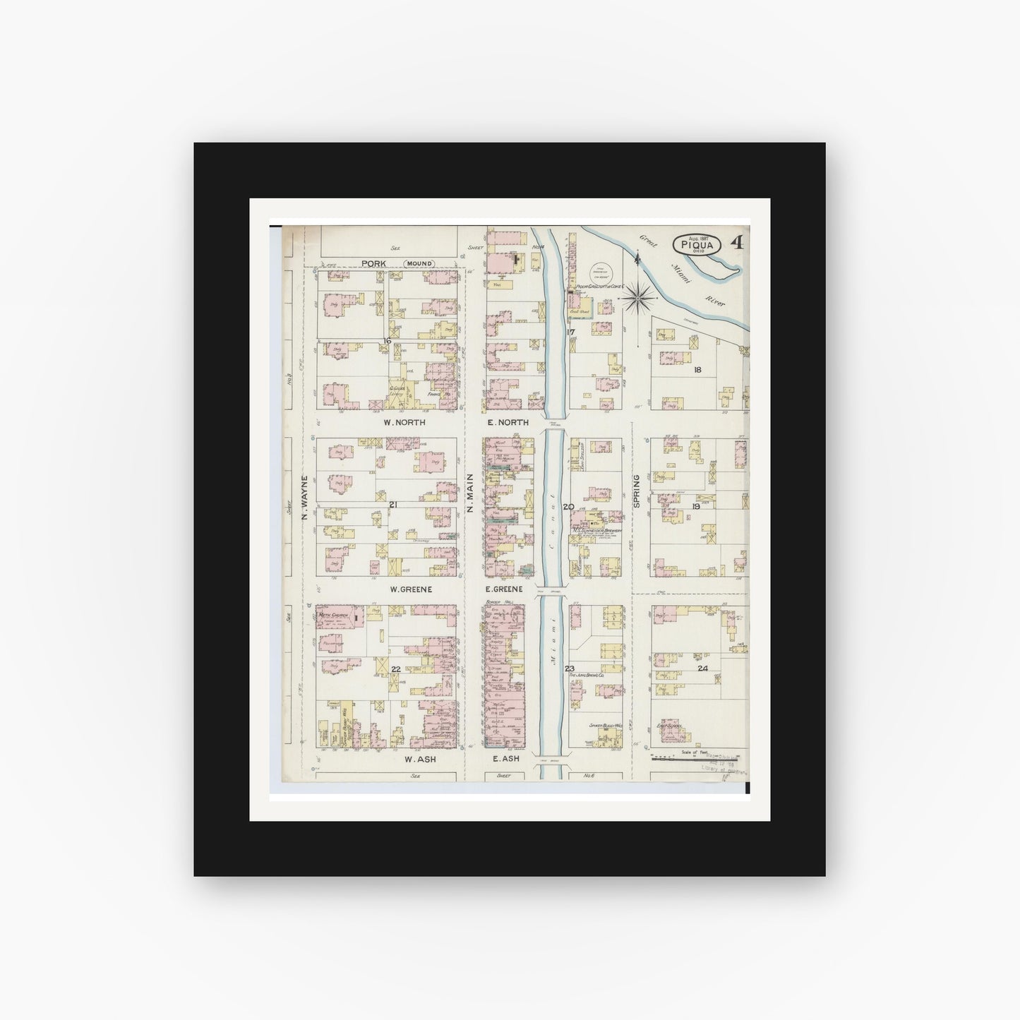 Old map wall art mockup — black gallery frame with white mat — Sanborn Fire Insurance Map from Piqua, Miami County, Ohio (1887), Sheet #0004