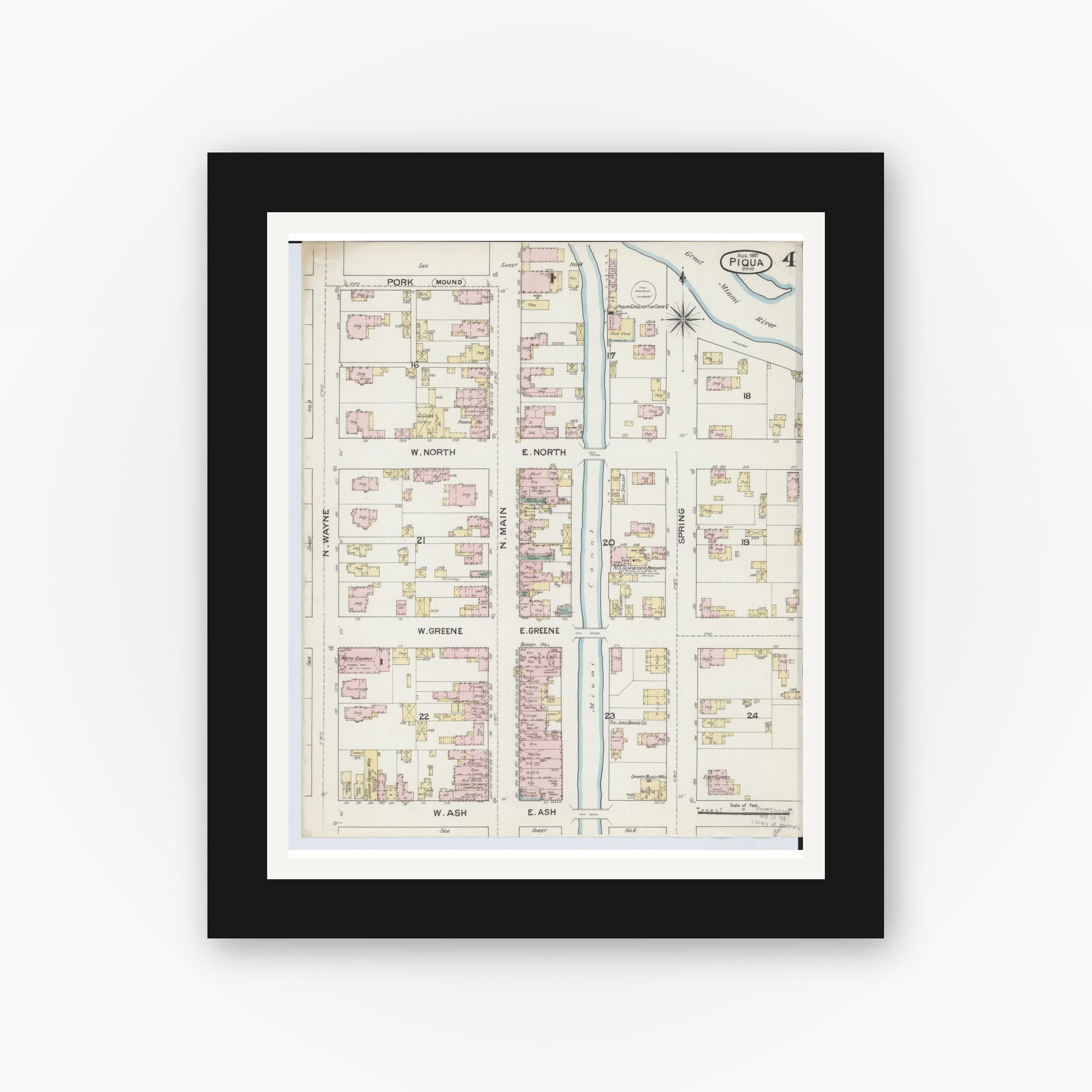 Old map wall art mockup — black gallery frame with white mat — Sanborn Fire Insurance Map from Piqua, Miami County, Ohio (1887), Sheet #0004