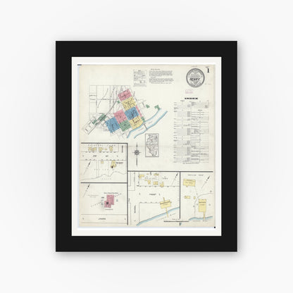 Old map wall art mockup — black gallery frame with white mat — Sanborn Fire Insurance Map from Henry, Marshall County, Illinois (1913), Sheet #0001