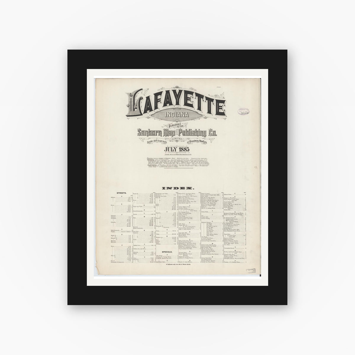Old map wall art mockup — black gallery frame with white mat — Sanborn Fire Insurance Map from Lafayette, Tippecanoe County, Indiana (1885), Sheet #0001