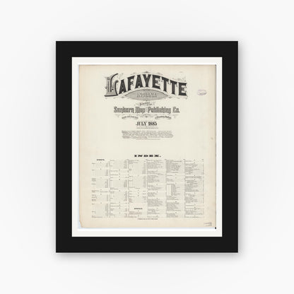 Old map wall art mockup — black gallery frame with white mat — Sanborn Fire Insurance Map from Lafayette, Tippecanoe County, Indiana (1885), Sheet #0001