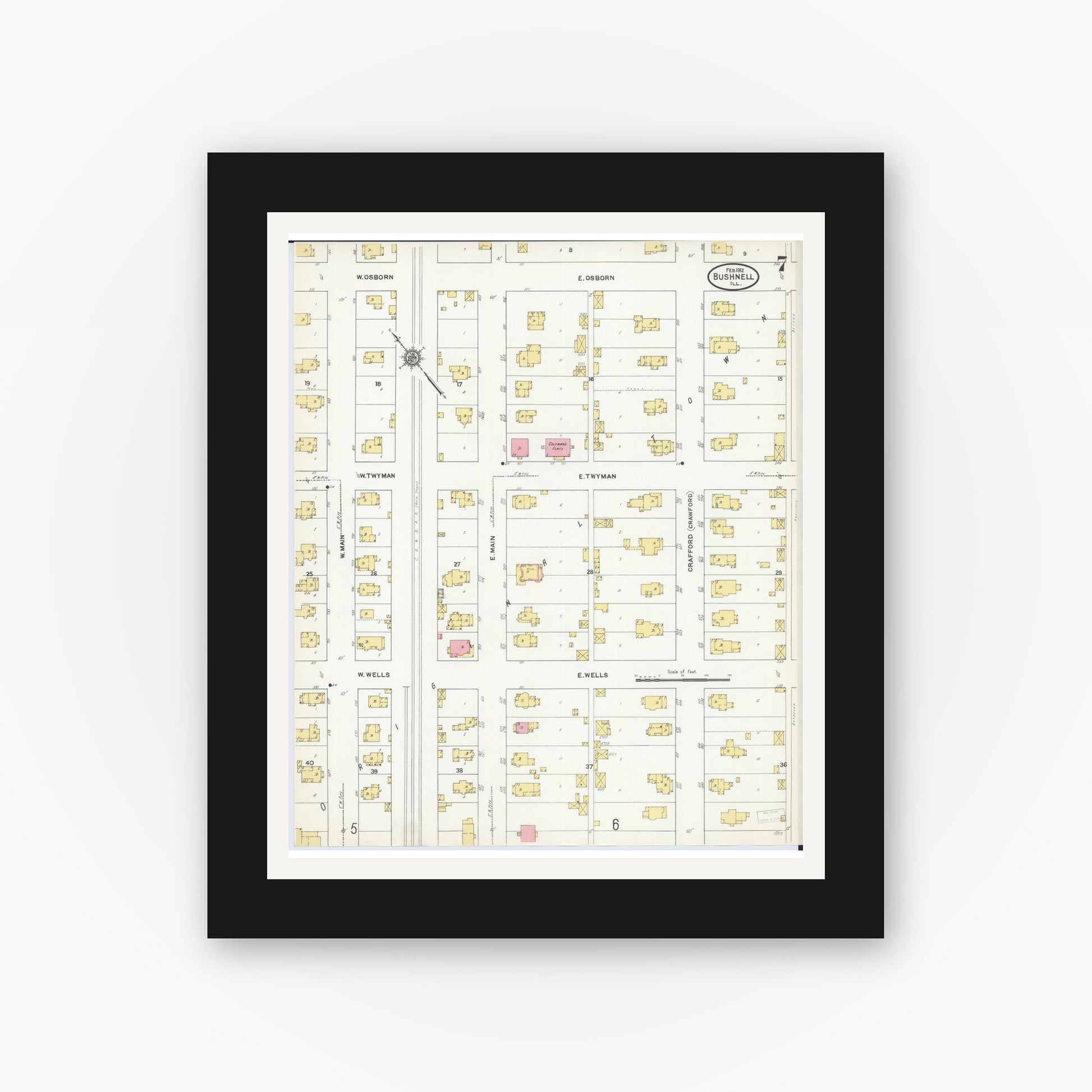 Old map wall art mockup — black gallery frame with white mat — Sanborn Fire Insurance Map from Bushnell, Mcdonough County, Illinois (1912), Sheet #0007