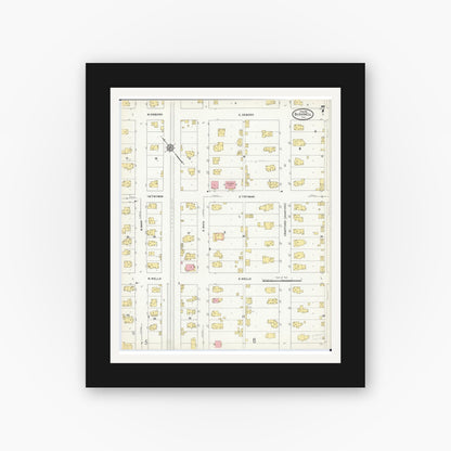 Old map wall art mockup — black gallery frame with white mat — Sanborn Fire Insurance Map from Bushnell, Mcdonough County, Illinois (1912), Sheet #0007