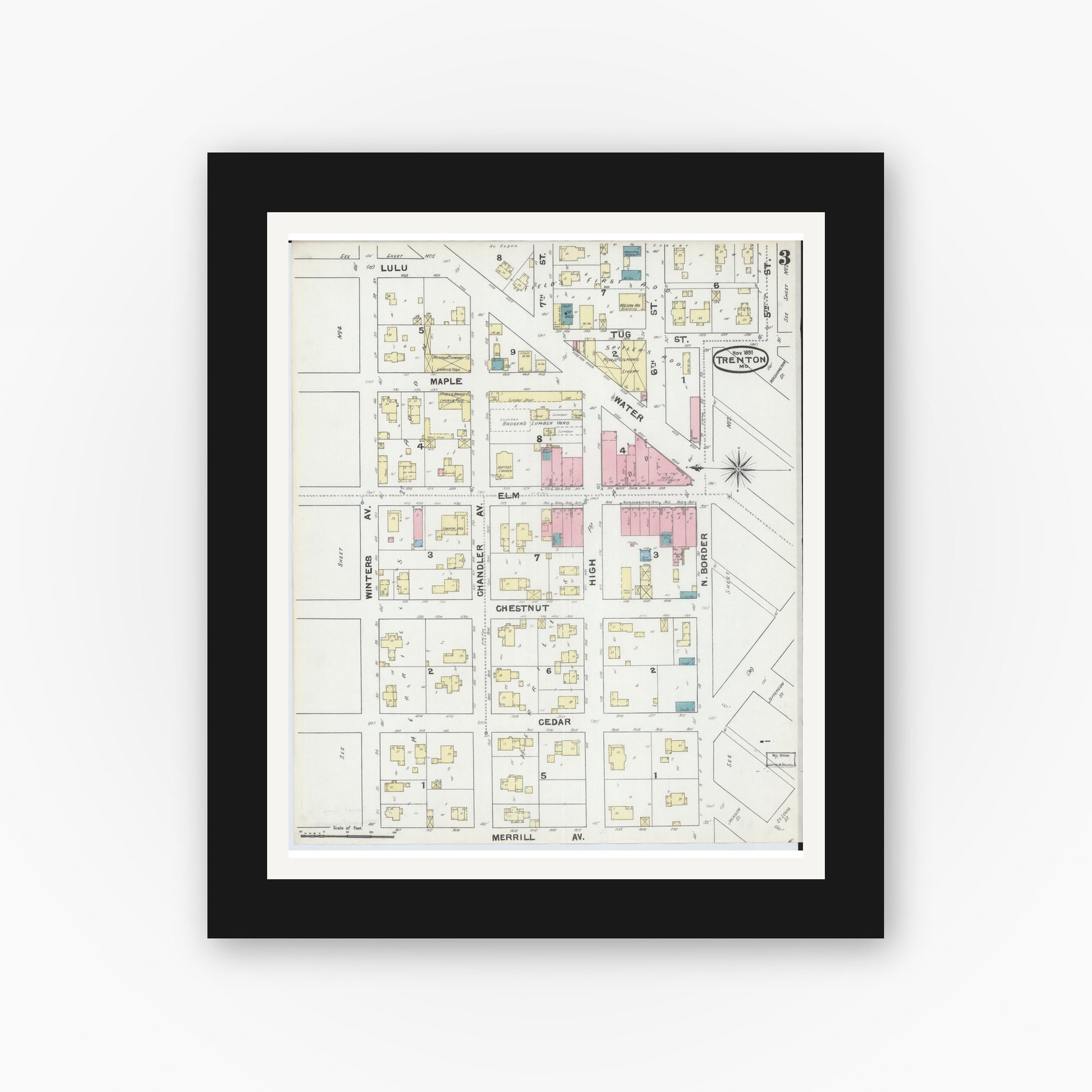Old map wall art mockup — black gallery frame with white mat — Sanborn Fire Insurance Map from Trenton, Grundy County, Missouri (1891), Sheet #0003