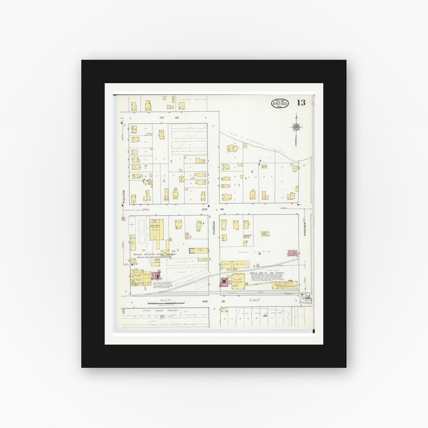 Old map wall art mockup — black gallery frame with white mat — Sanborn Fire Insurance Map from Antigo, Langlade County, Wisconsin (1919), Sheet #0013