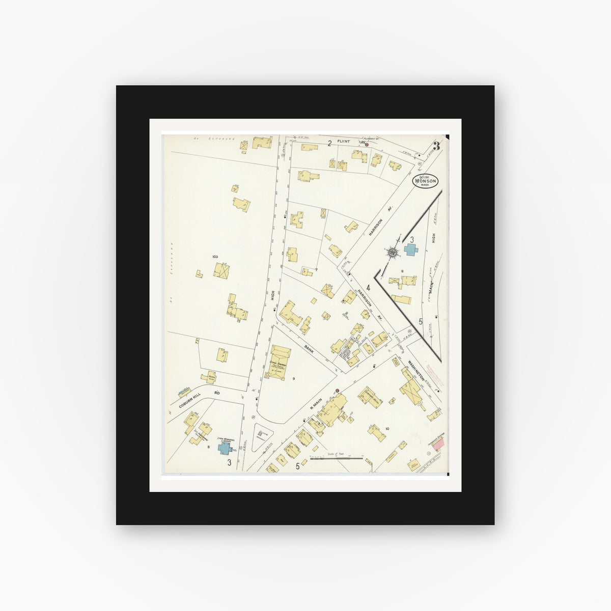 Old map wall art mockup — black gallery frame with white mat — Sanborn Fire Insurance Map from Monson, Hampden County, Massachusetts (1911), Sheet #0003