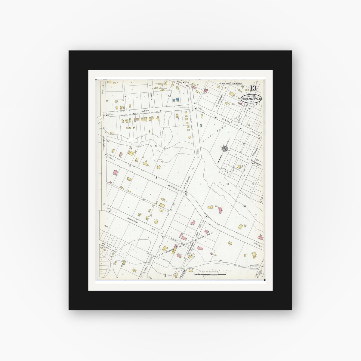 Old map wall art mockup — black gallery frame with white mat — Sanborn Fire Insurance Map from Highland Park, Lake County, Illinois (1918), Sheet #0013