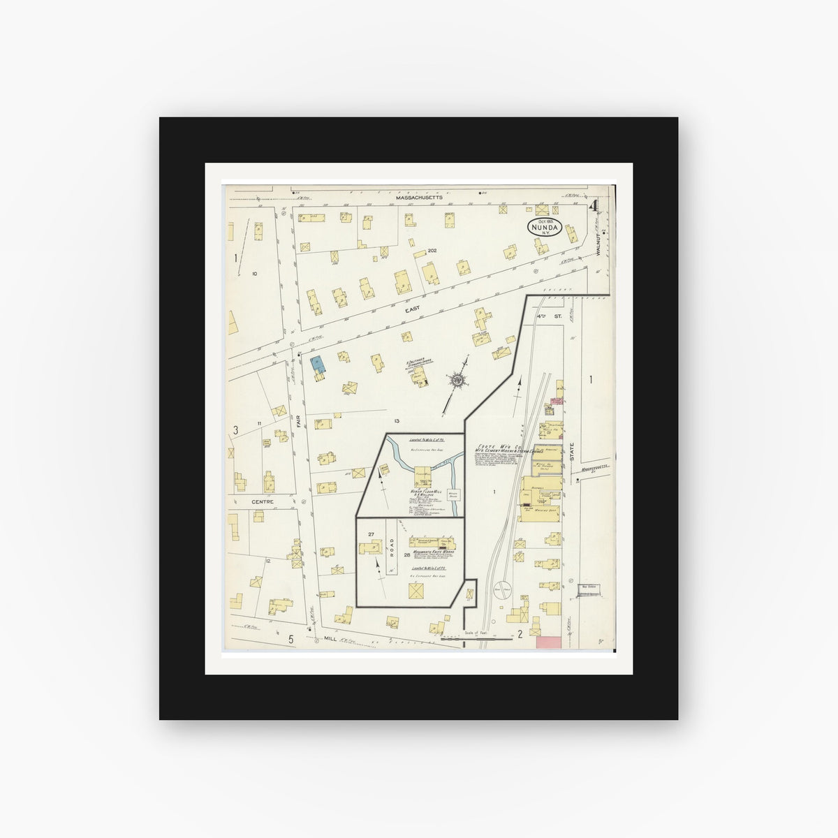 Old map wall art mockup — black gallery frame with white mat — Sanborn Fire Insurance Map from Nunda, Livingston County, New York (1913), Sheet #0004