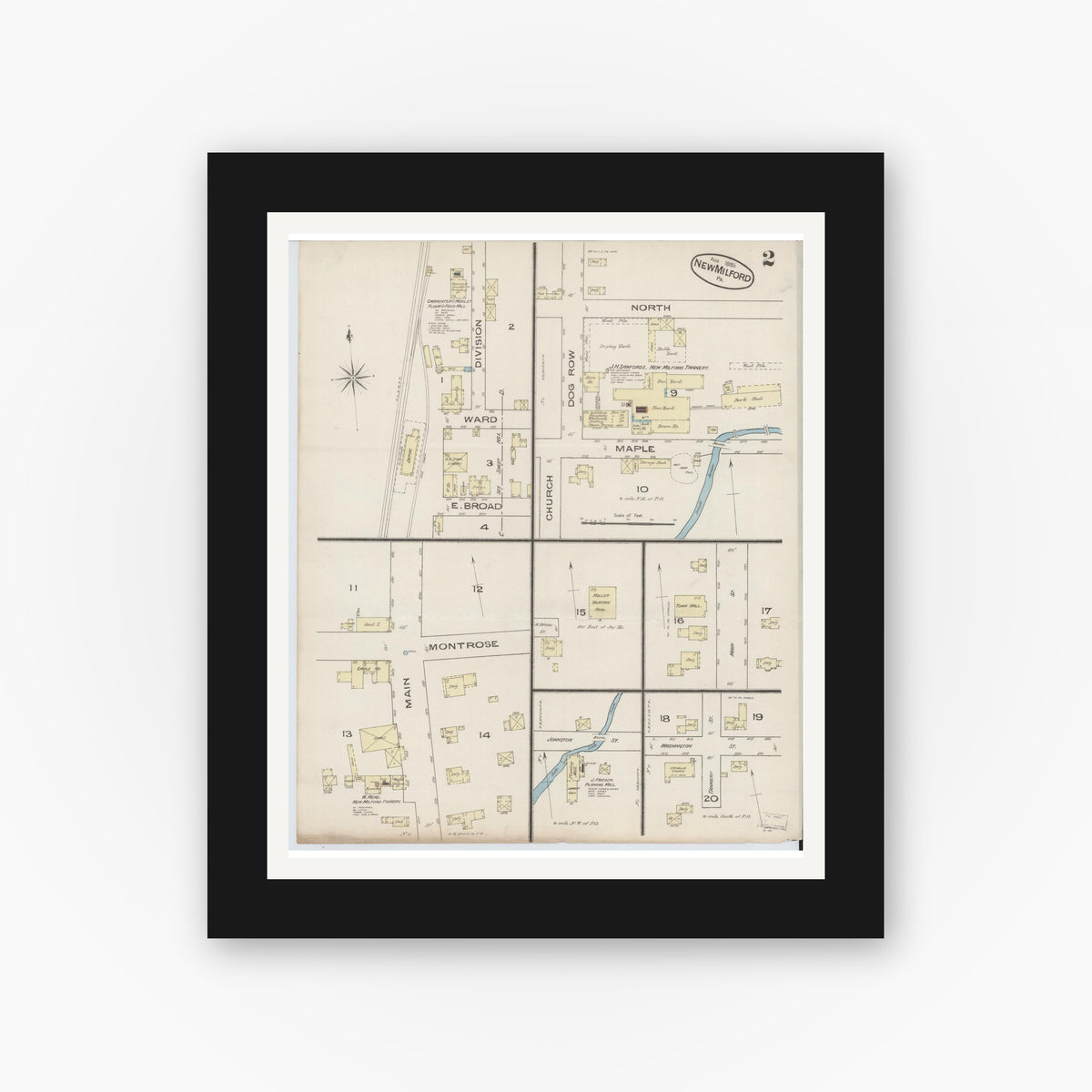Old map wall art mockup — black gallery frame with white mat — Sanborn Fire Insurance Map from New Milford, Susquehanna County, Pennsylvania (1885), Sheet #0002