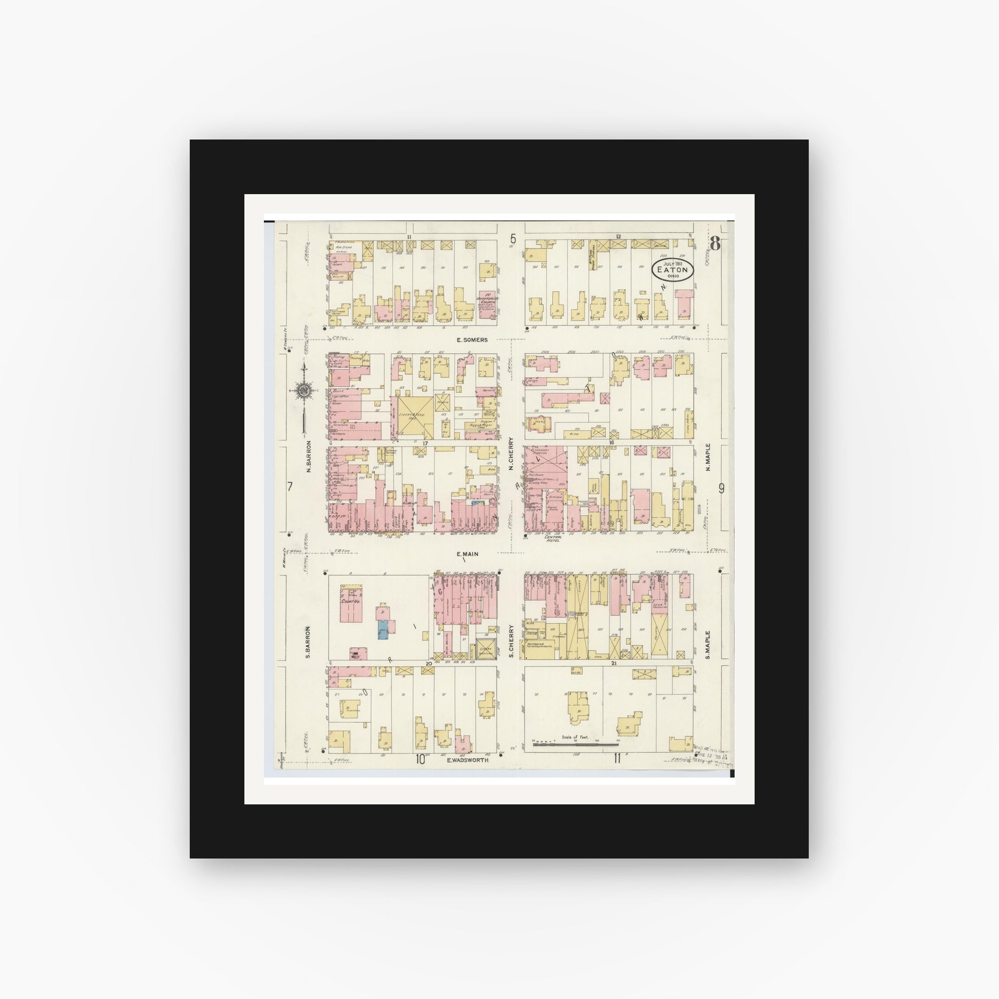 Old map wall art mockup — black gallery frame with white mat — Sanborn Fire Insurance Map from Eaton, Preble County, Ohio (1911), Sheet #0008
